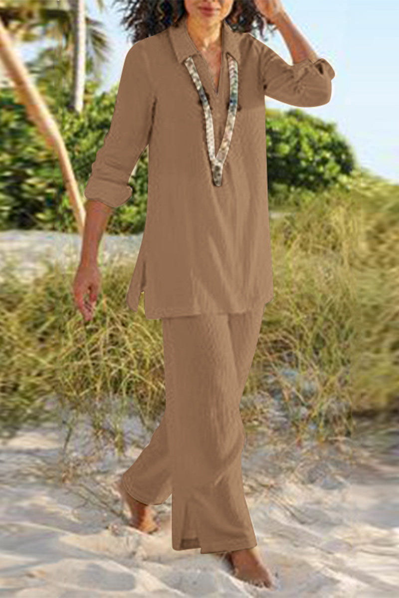 Kaynafashions - Casual Solid Slit V Neck Long Sleeve Two Pieces