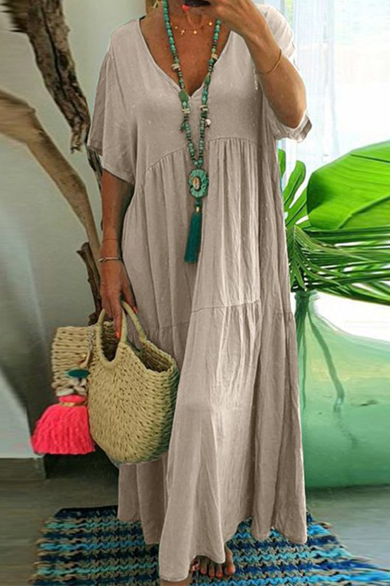 Kaynafashions - Plus Size Casual College Solid Asymmetrical V Neck Short Sleeve Dress(4 Colors)