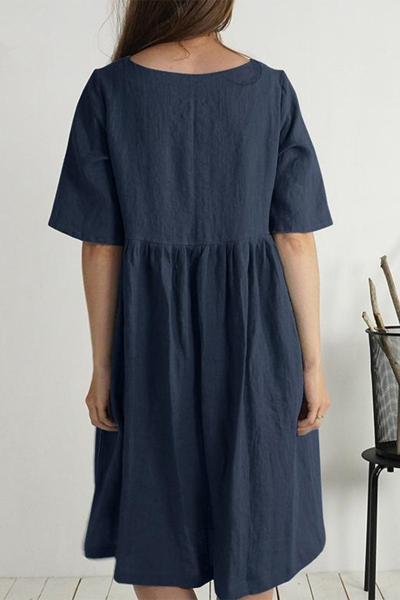 Kaynafashions - Casual Solid Buttons O Neck Short Sleeve Dress(4 Colors)