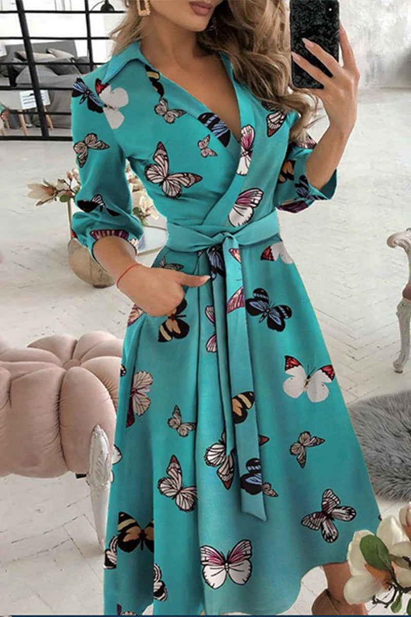 Kaynafashions - Elegant Print Printing Turndown Collar A Line Dresses