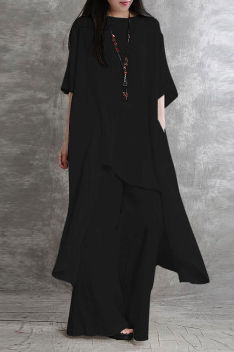 Kaynafashions - Casual Solid Pocket Asymmetrical O Neck Two Pieces