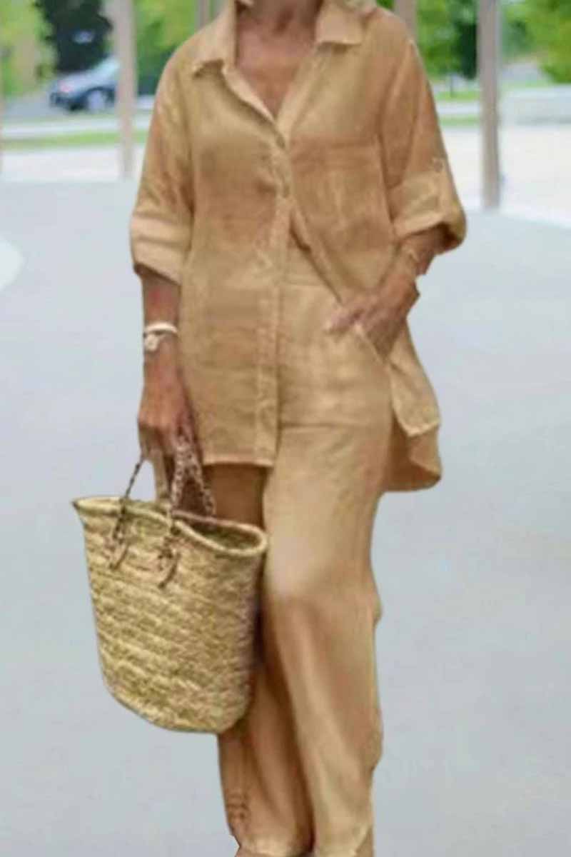 Kaynafashions - Casual Solid Patchwork Turndown Collar Long Sleeve Two Pieces