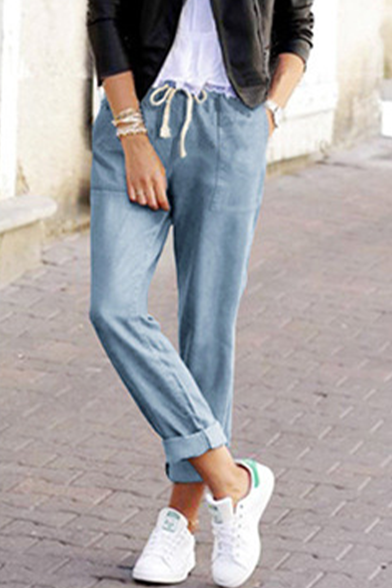 Kaynafashions - Casual Solid Draw String Harlan Mid Waist Harlan Solid Color Bottoms(3 colors)