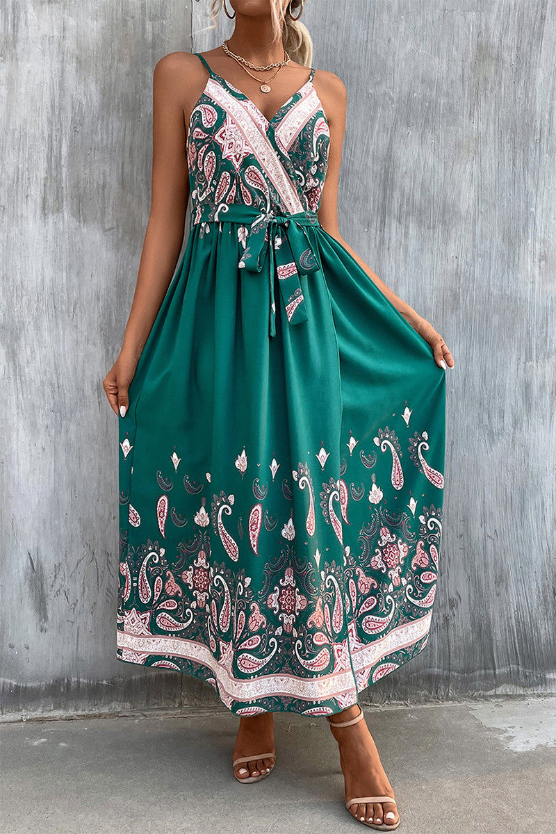 Kaynafashions - Bohemian College Print Cardigan V Neck Sling Dress Dresses