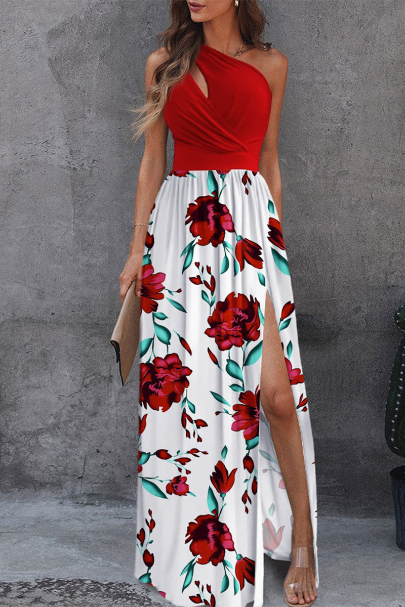 Kaynafashions - Sexy Elegant Print Hollowed Out Slit Oblique Collar A Line Dresses
