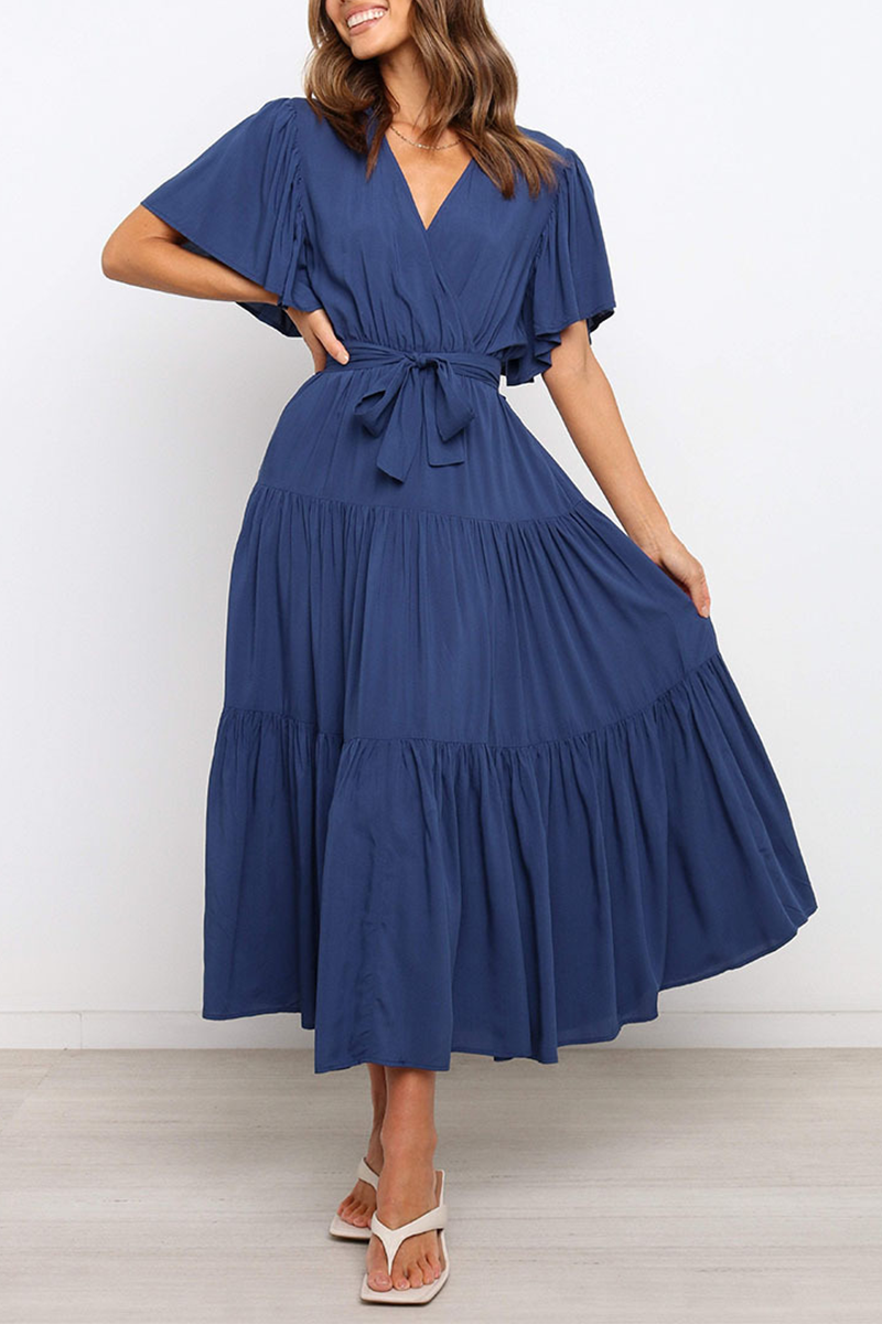 Kaynafashions - Casual Solid Patchwork V Neck Cake Skirt Dresses