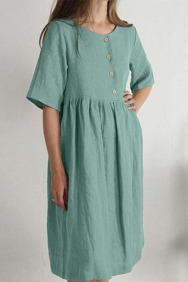 Kaynafashions - Casual Solid Buttons O Neck Short Sleeve Dress(4 Colors)