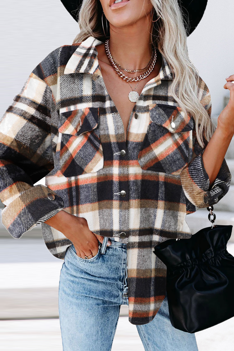 Kaynafashions - Casual Plaid Patchwork Turndown Collar Tops(6 colors)