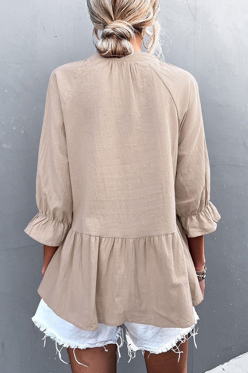 Kaynafashions - Casual Solid Flounce Fold V Neck Tops(5 Colors)