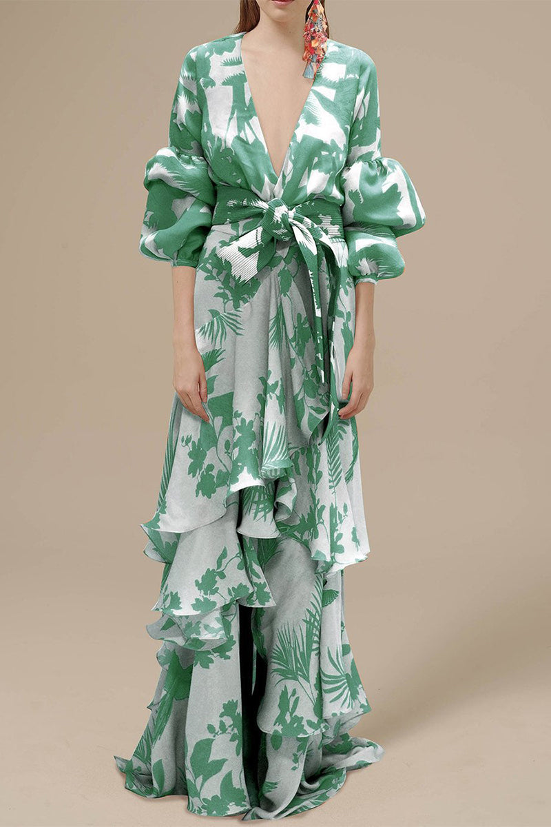 Kaynafashions - Elegant Floral Patchwork V Neck Irregular Dress Dresses