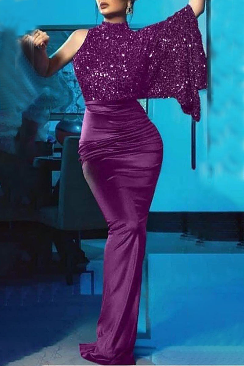 Kaynafashions - Elegant Formal Solid Sequins Oblique Collar Irregular Dress Dresses