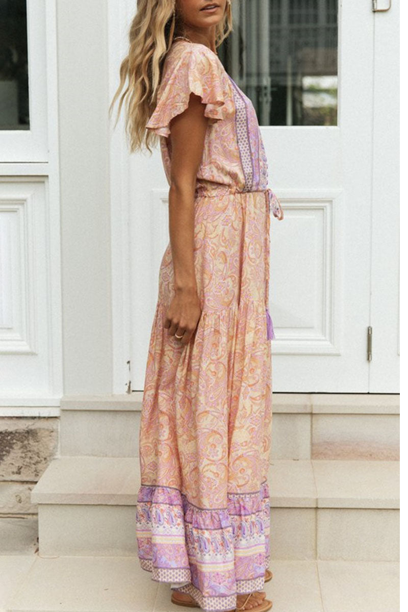 Kaynafashions - Fashion Vacation Print Patchwork V Neck Printed Dresses