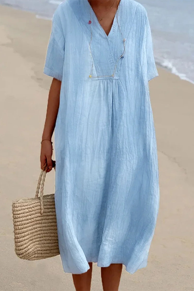 Kaynafashions - Casual Simplicity Solid V Neck Short Sleeve Dress Dresses(6 Colors)