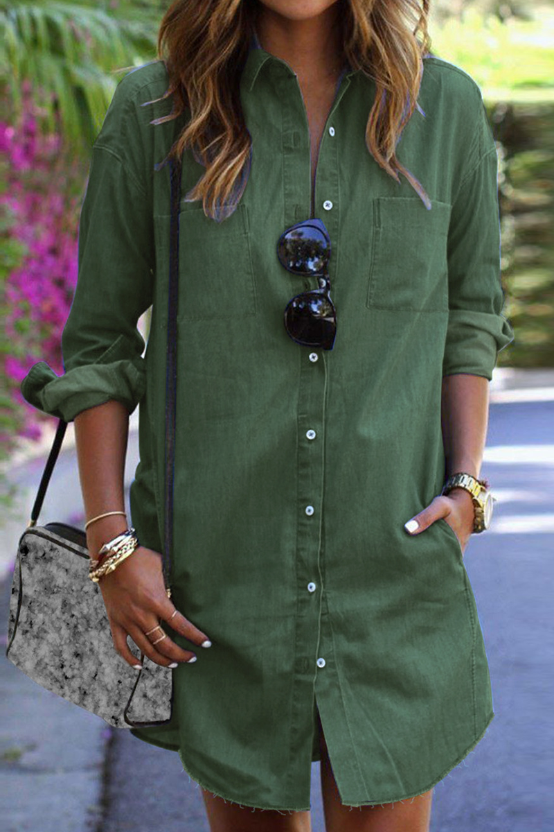 Kaynafashions - Casual Solid Patchwork Turndown Collar Shirt Dress Dresses(4 colors)