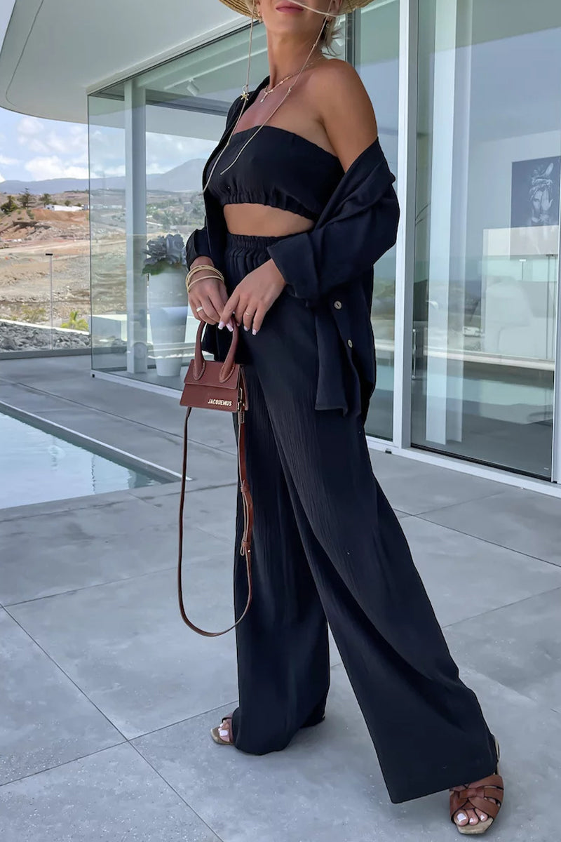 Kaynafashions - Casual Simplicity Solid Fold Turndown Collar Long Sleeve Two Pieces