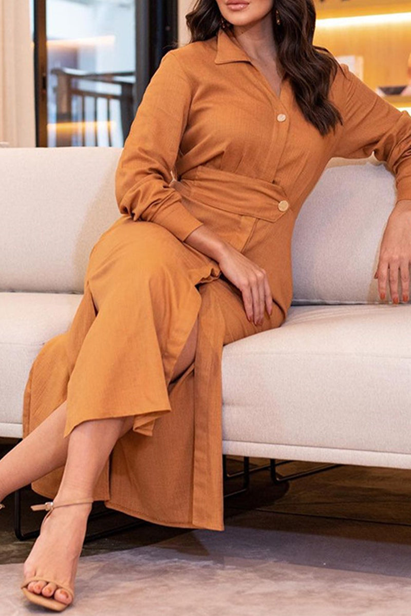 Kaynafashions - Elegant Solid Buttons Turndown Collar A Line Dresses