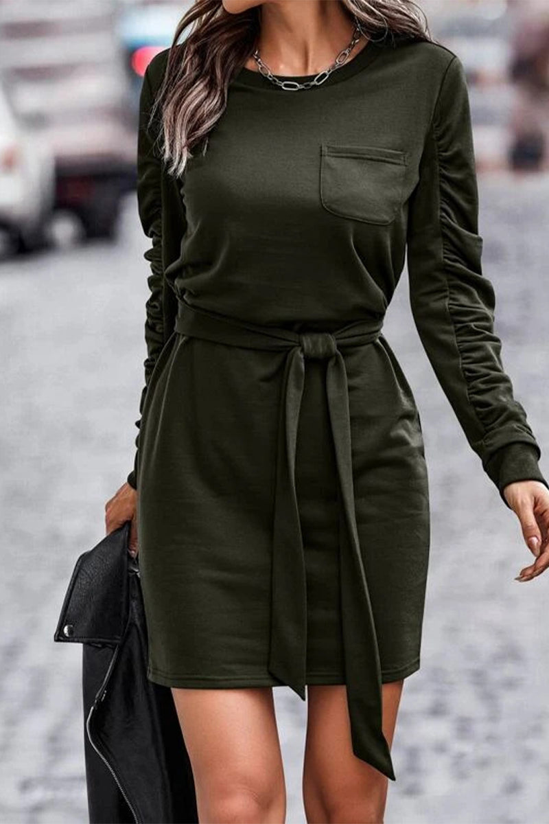 Kaynafashions - Street Solid Frenulum O Neck One Step Skirt Dresses