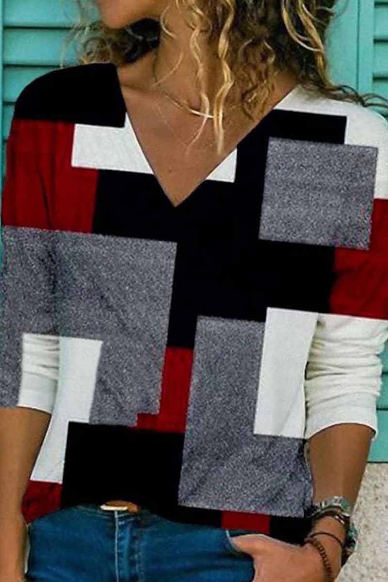 Kaynafashions - Street Print Patchwork V Neck Tops(7 Colors)