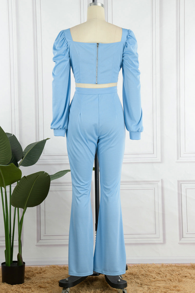Kaynafashions - Work Elegant Solid Buckle Square Collar Long Sleeve Two Pieces(4 Colors)