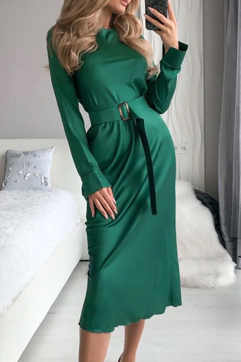 Kaynafashions - Casual Solid Patchwork O Neck Waist Skirt Dresses(3 colors)