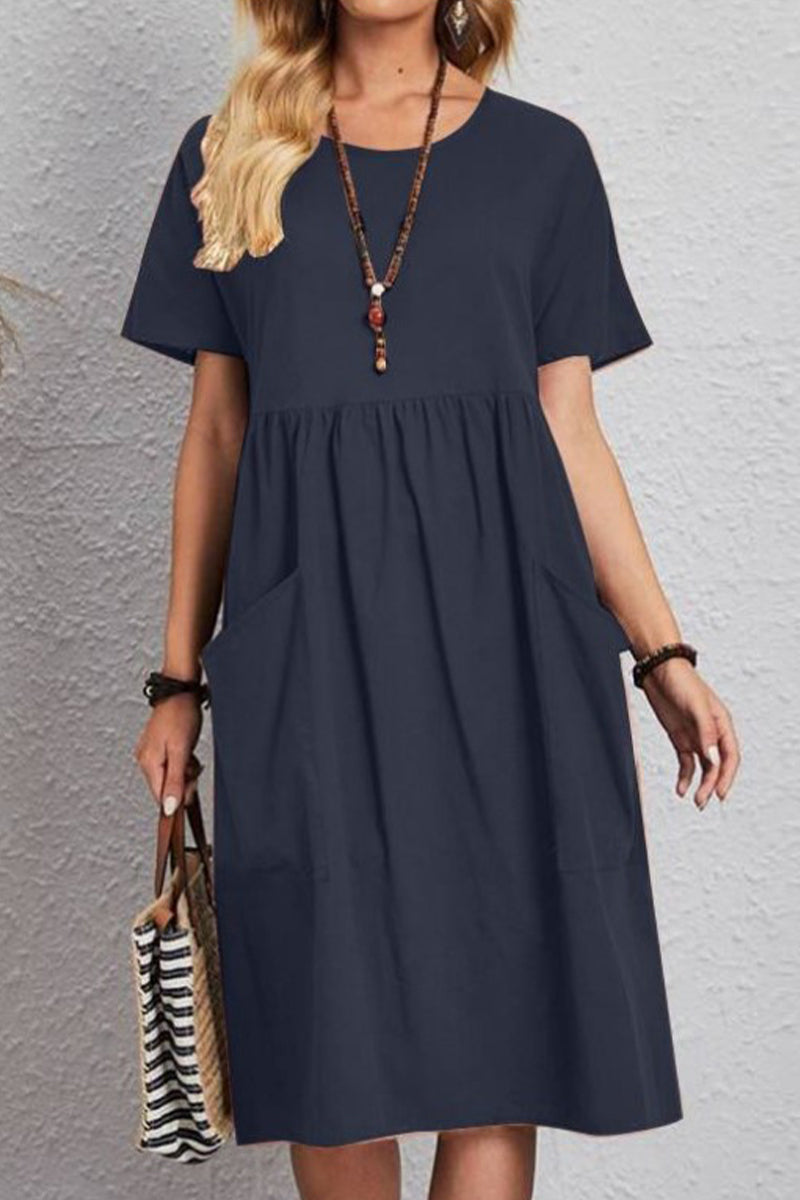 Kaynafashions - Casual Simplicity Solid Pocket O Neck Short Sleeve Dress Dresses(4 Colors)