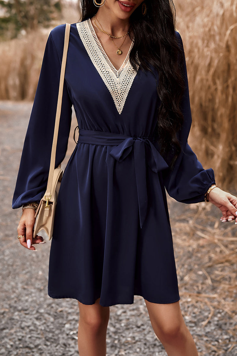 Kaynafashions - Elegant Solid Lace Bandage V Neck A Line Dresses