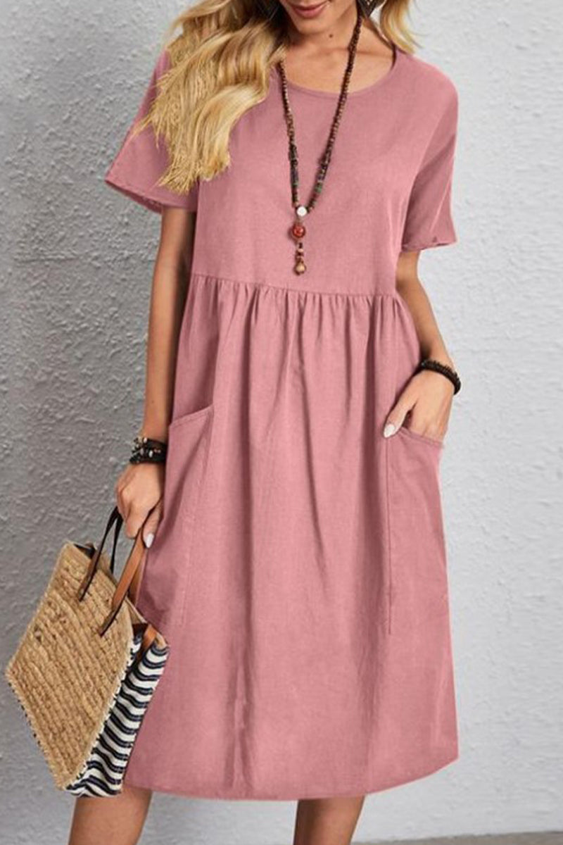 Kaynafashions - Casual Simplicity Solid Pocket O Neck Short Sleeve Dress Dresses(4 Colors)