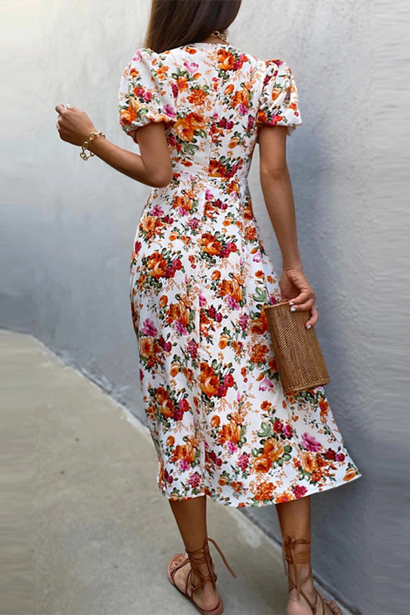 Kaynafashions - Sweet Elegant Print Printing V Neck A Line Dresses(6 Colors)