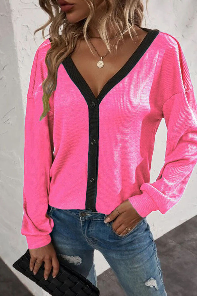 Kaynafashions - Casual Solid Patchwork Buttons V Neck T-Shirts(7 Colors)