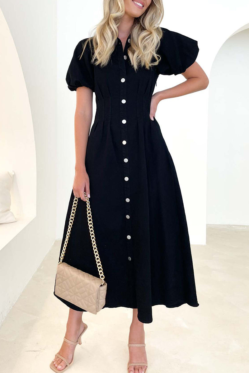 Kaynafashions - Casual Solid Buckle Turndown Collar A Line Dresses