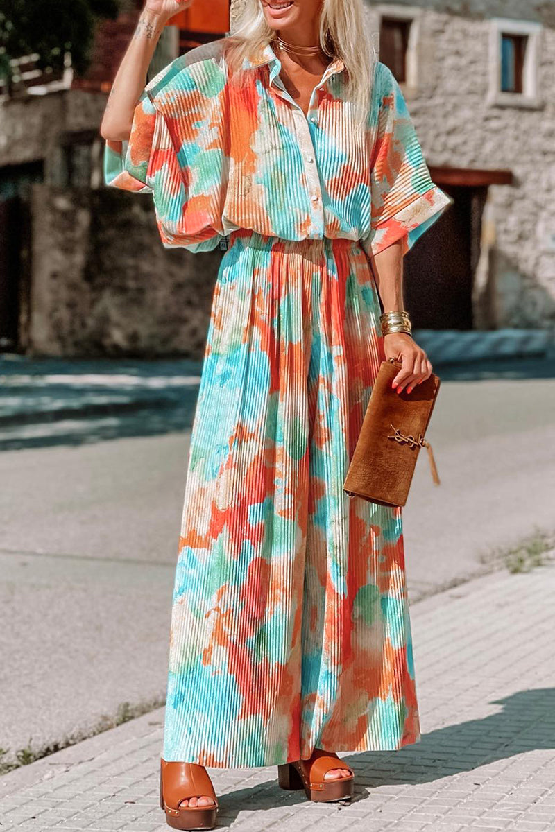 Kaynafashions - Bohemian Tie Dye Patchwork Turndown Collar Loose Jumpsuits