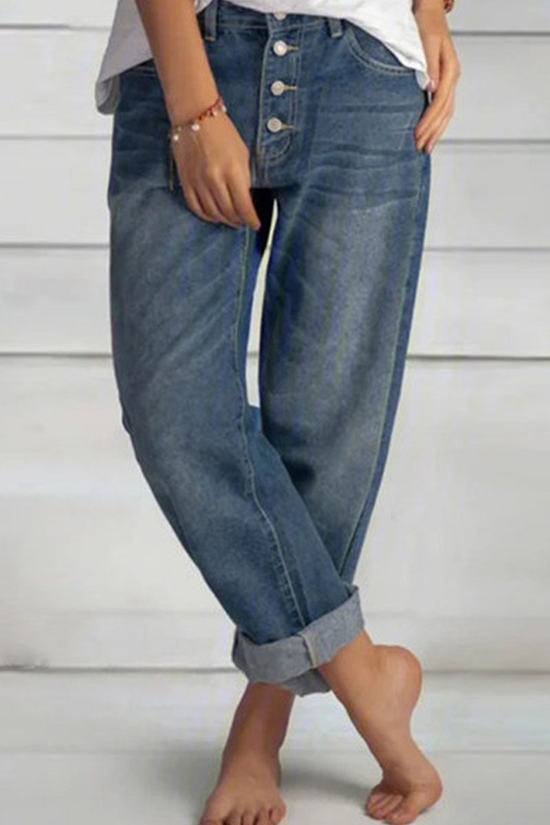 Kaynafashions - Fashion Street Solid Mid Waist Straight Denim