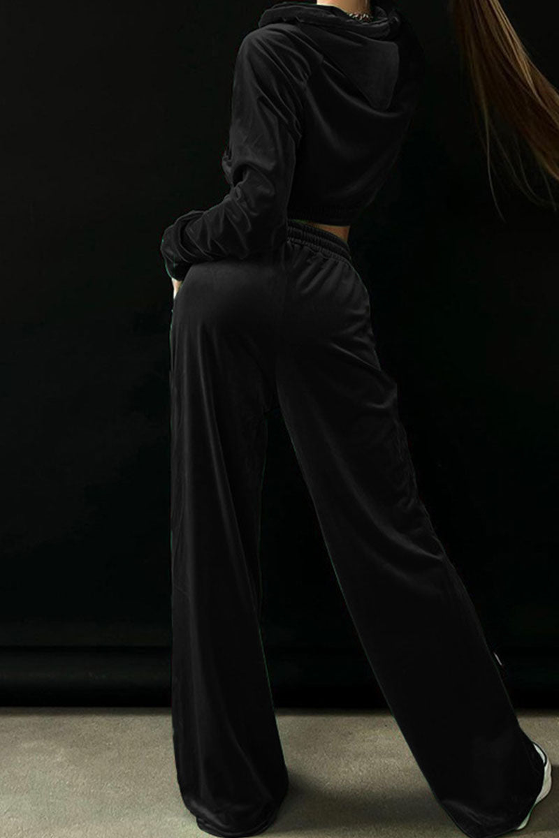 Kaynafashions - Casual Solid Patchwork Zipper Hooded Collar Long Sleeve Two Pieces