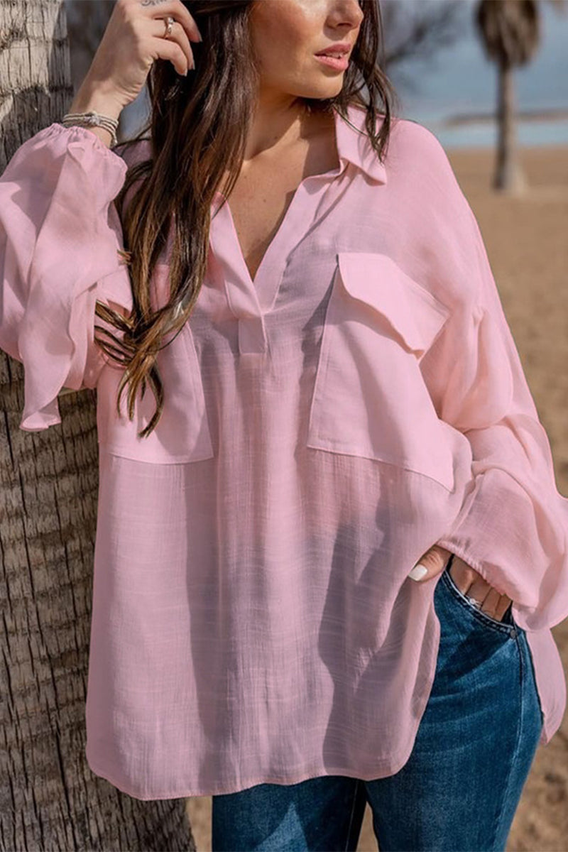 Kaynafashions - Casual Solid Pocket Turndown Collar Blouses