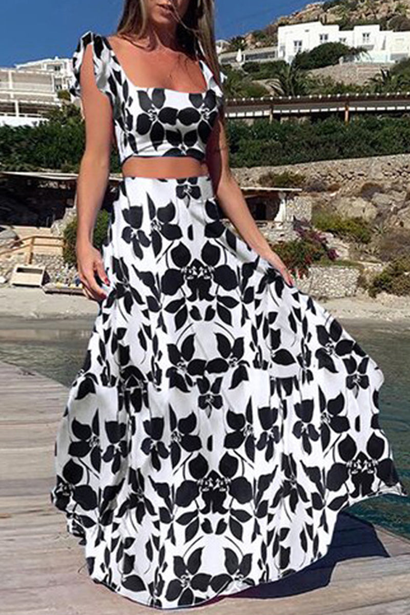 Kaynafashions - Bohemian Vacation Print Patchwork Square Collar Sleeveless Two Pieces(9 Colors)