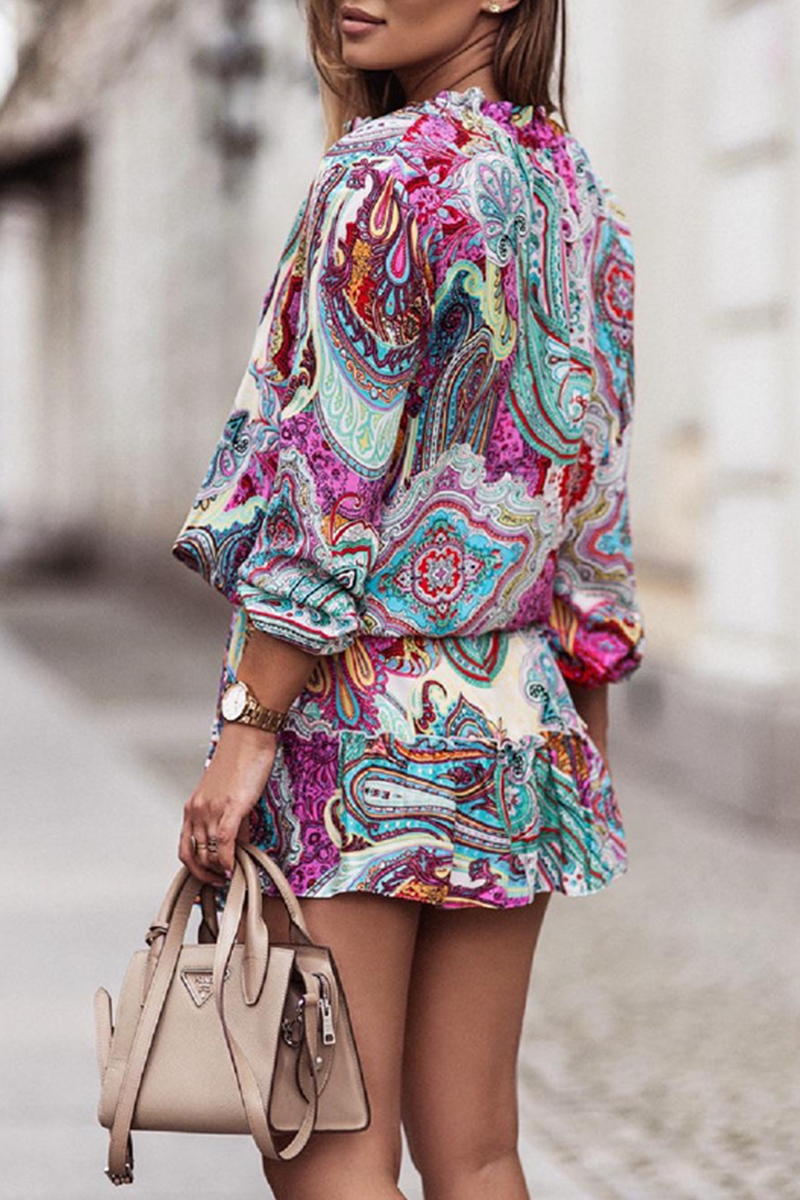 Kaynafashions - Casual Print Flounce V Neck Cake Skirt Dresses(3 colors)