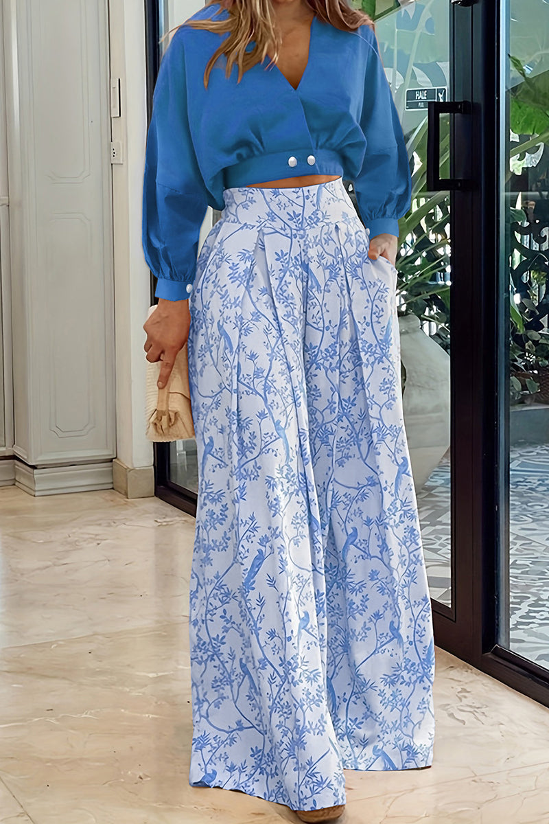 Kaynafashions - Casual Print Pocket V Neck Long Sleeve Two Pieces