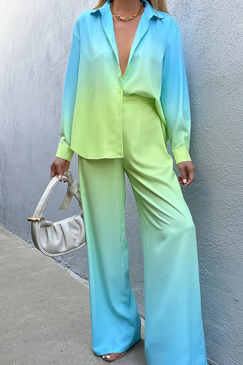 Kaynafashions - Casual Gradual Change Contrast Turndown Collar Long Sleeve Two Pieces(8 Colors)