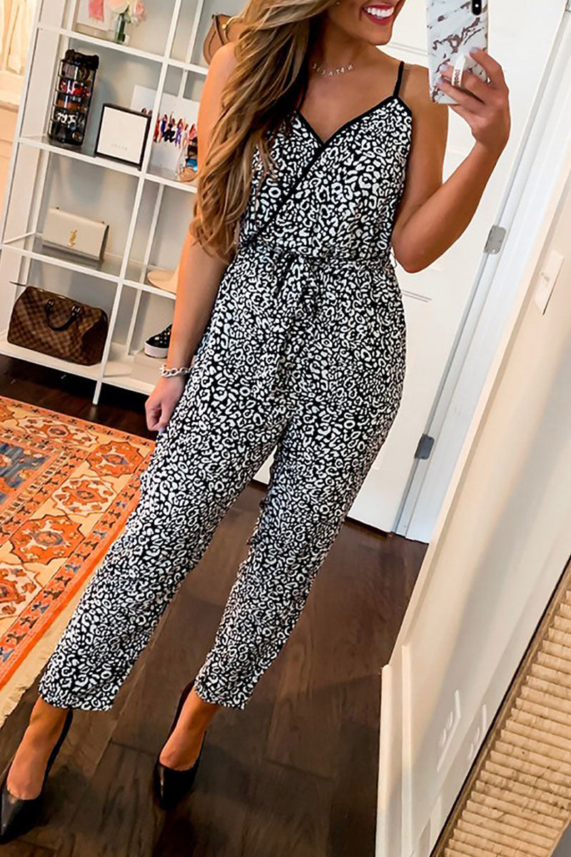 Kaynafashions - Street Print Leopard Patchwork Spaghetti Strap Regular Jumpsuits