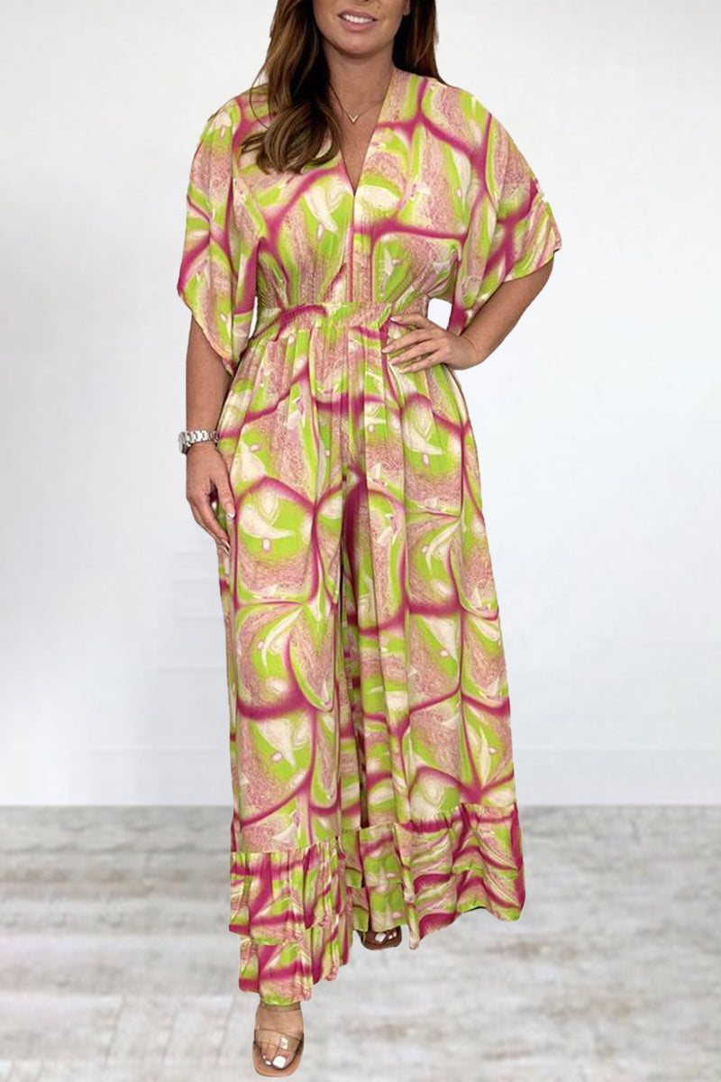 Kaynafashions - Bohemian College Print Backless V Neck Loose Jumpsuits