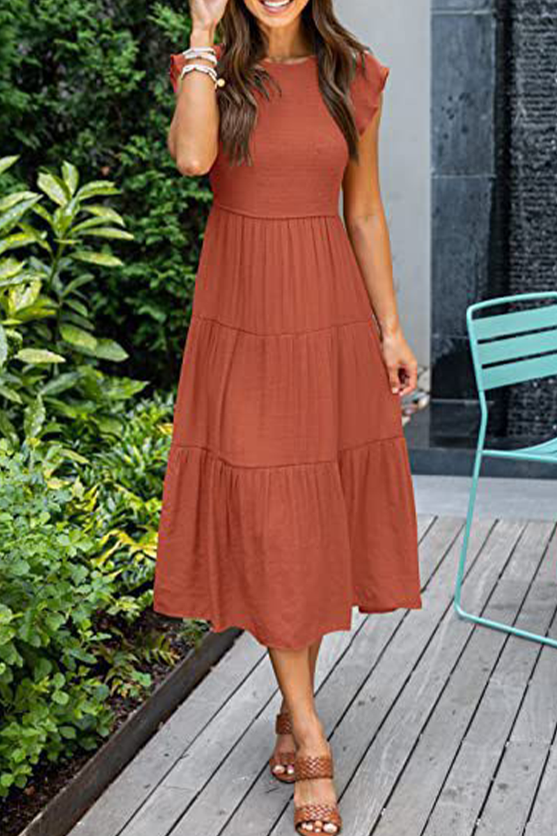 Kaynafashions - Fashion Solid Flounce O Neck Cake Skirt Dresses(9 colors)