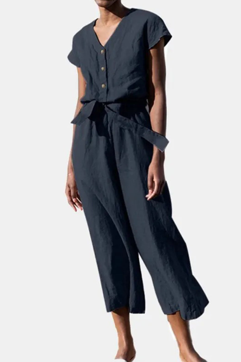 Kaynafashions - Casual British Style Solid Frenulum V Neck Loose Jumpsuits