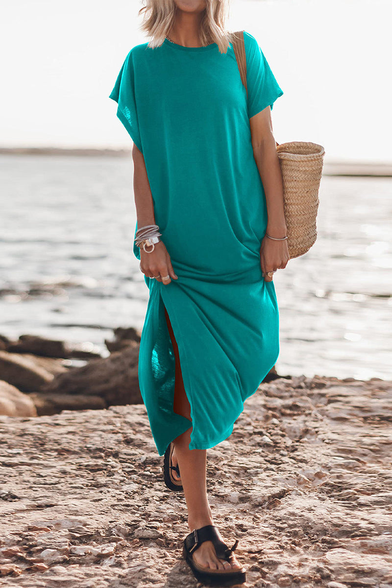 Kaynafashions - Casual Solid Slit O Neck Short Sleeve Dress