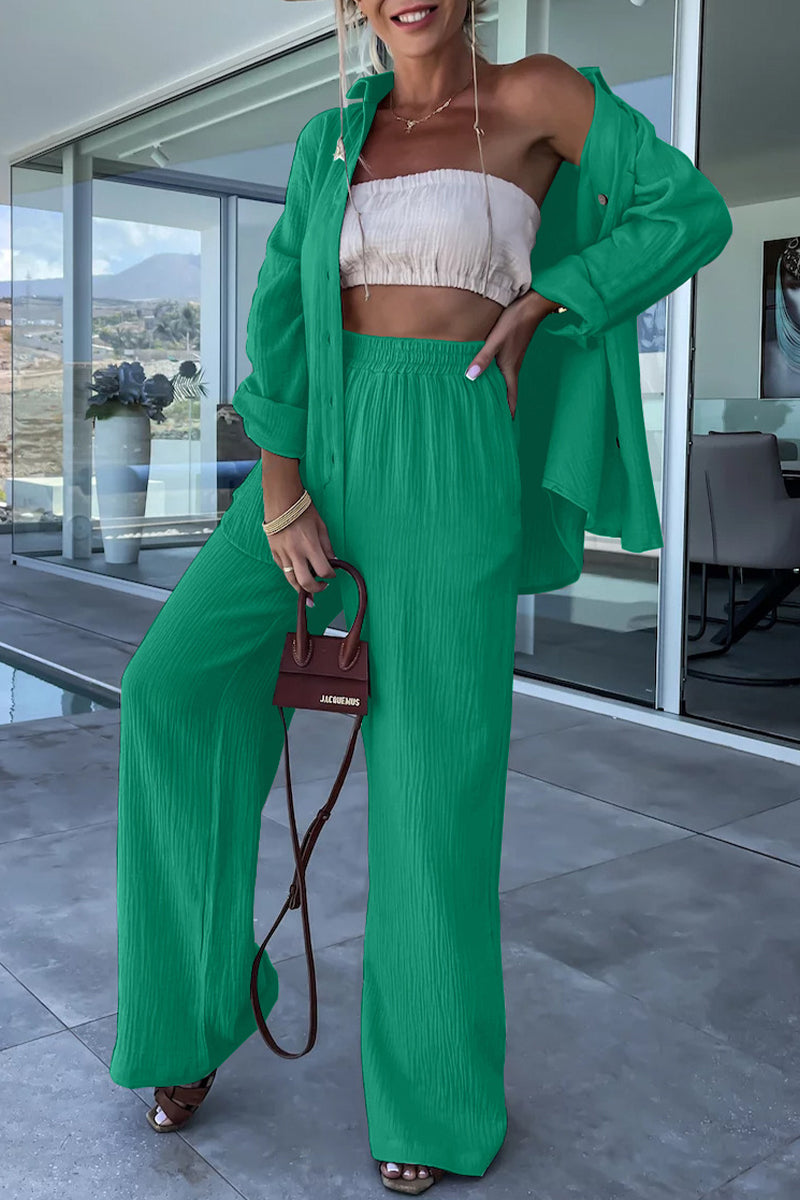 Kaynafashions - Casual Simplicity Solid Fold Turndown Collar Long Sleeve Two Pieces