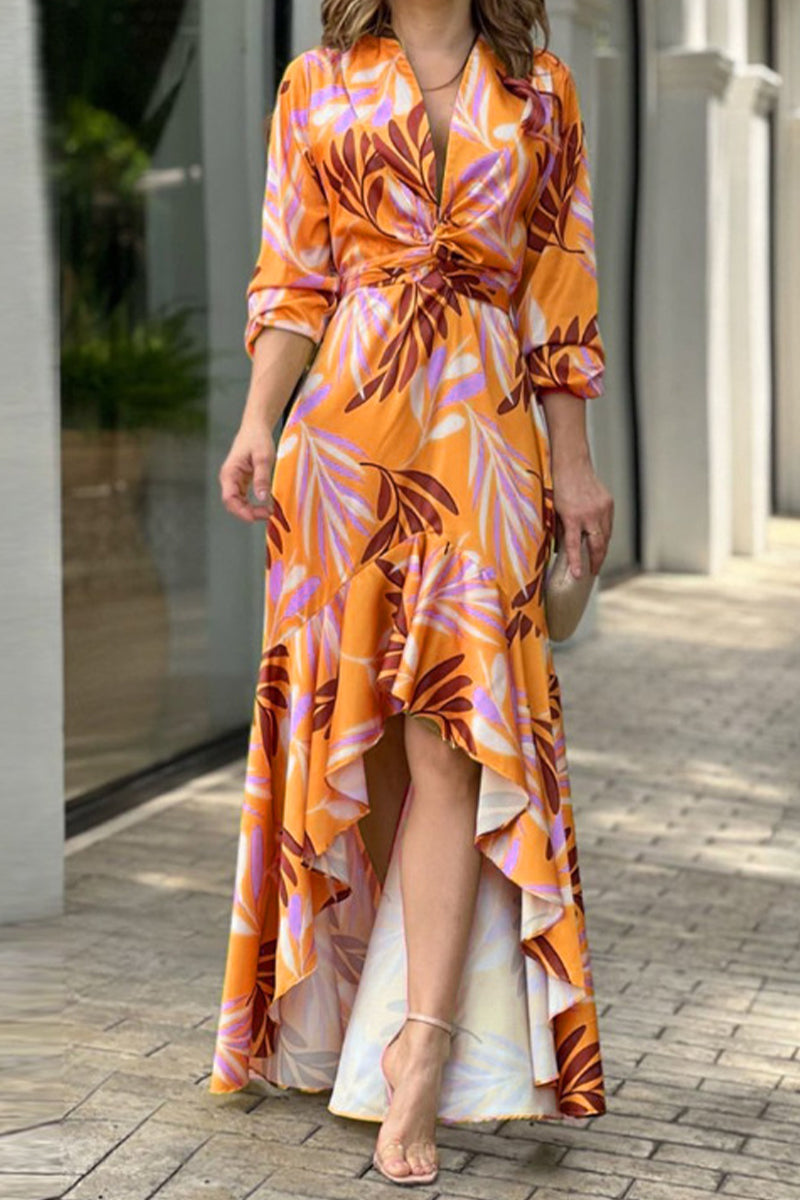 Kaynafashions - Fashion Sexy Print Pocket V Neck Irregular Dress Dresses
