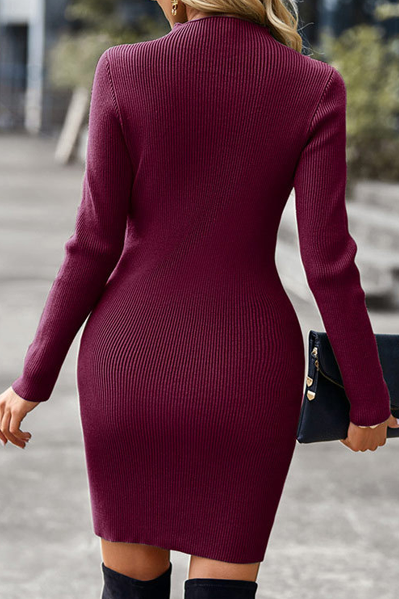 Kaynafashions - Casual Solid Hollowed Out Half A Turtleneck Pencil Skirt Dresses