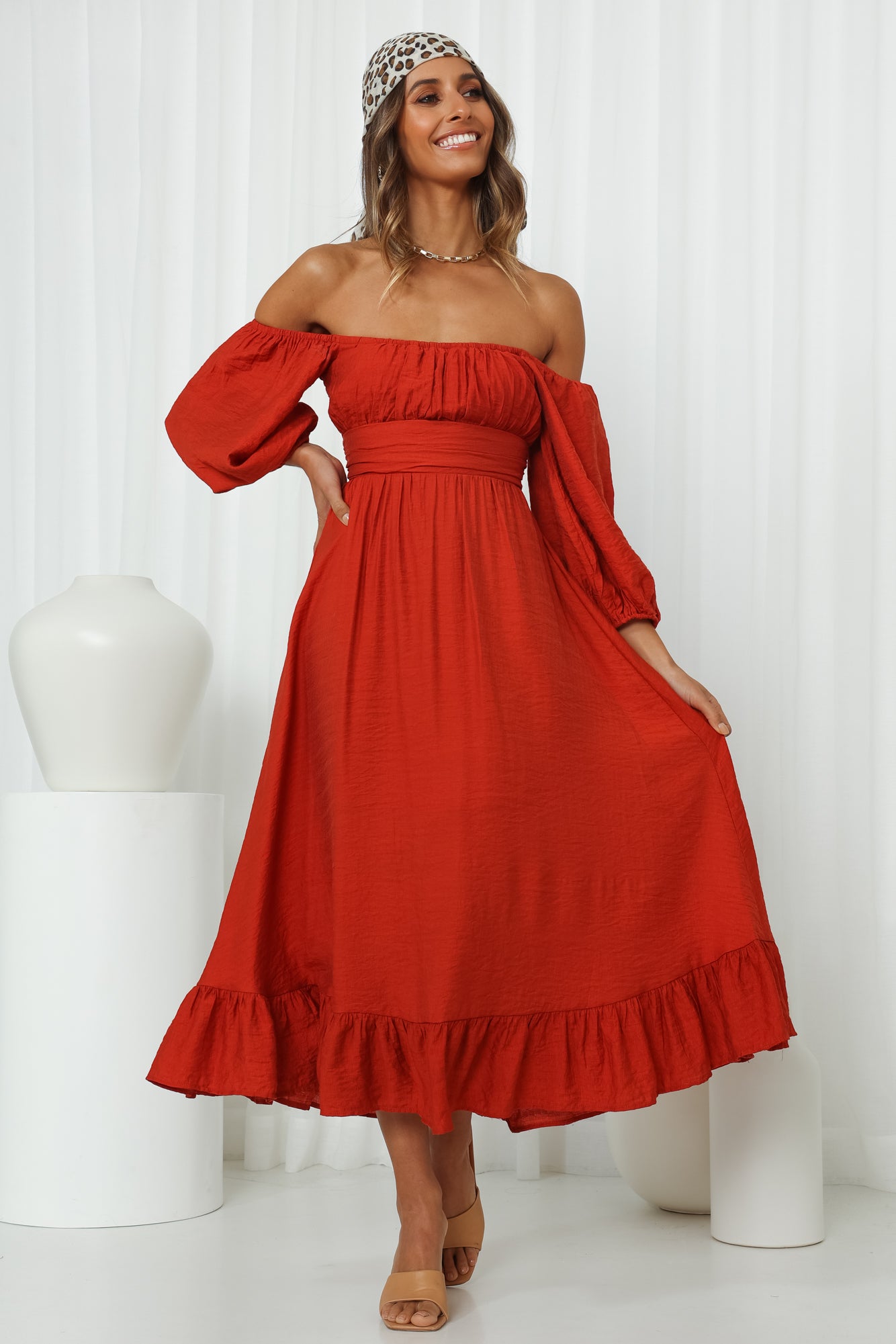 Just Stand And Smile Midi Dress Rust