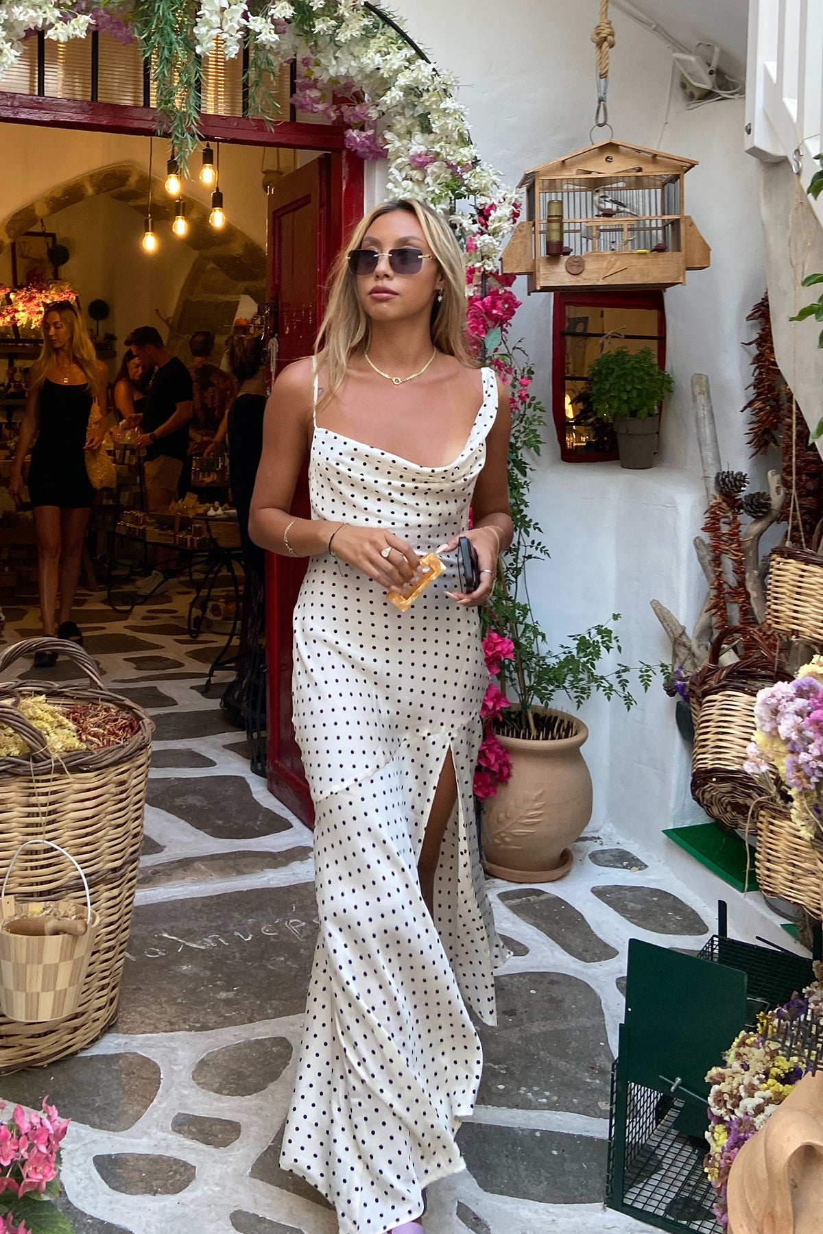 Dotted Moment Satin Polka Dot Midi Dress Cream