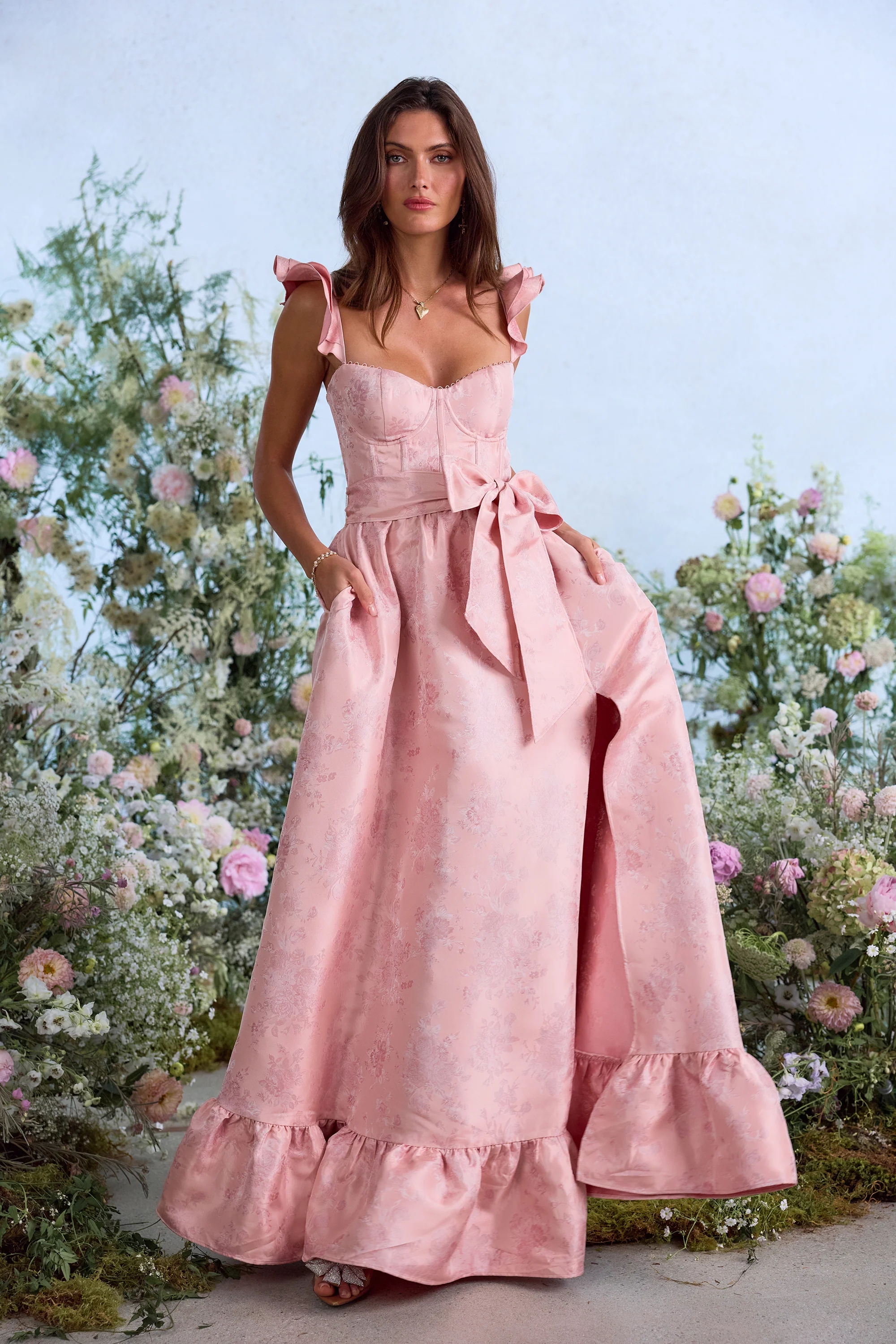 The Veronica Dress in Light Pink Windsor Brocade