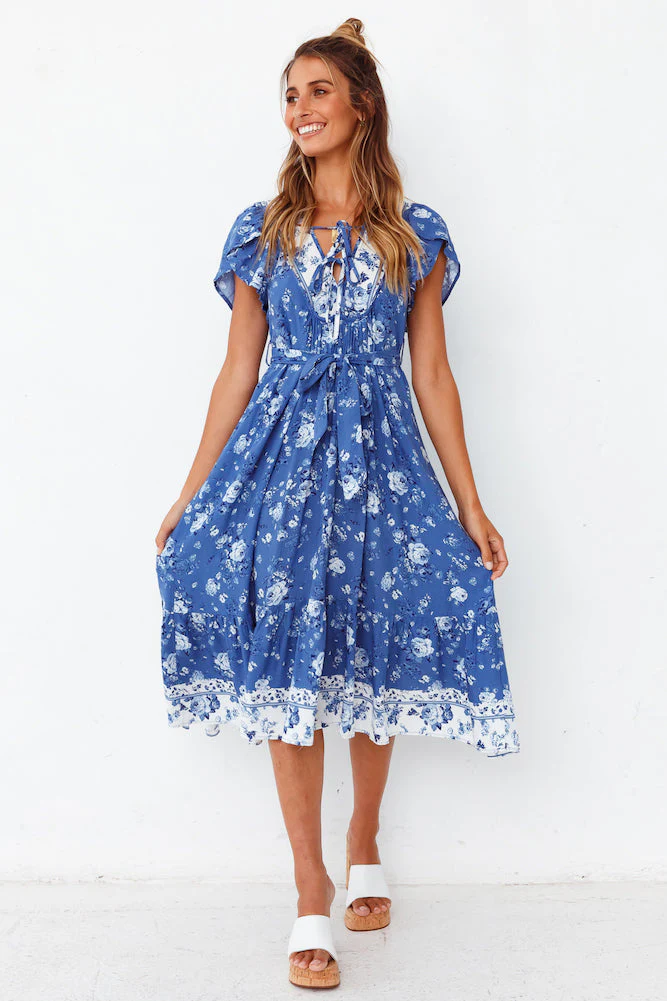 Wind Flower Midi Dress Blue